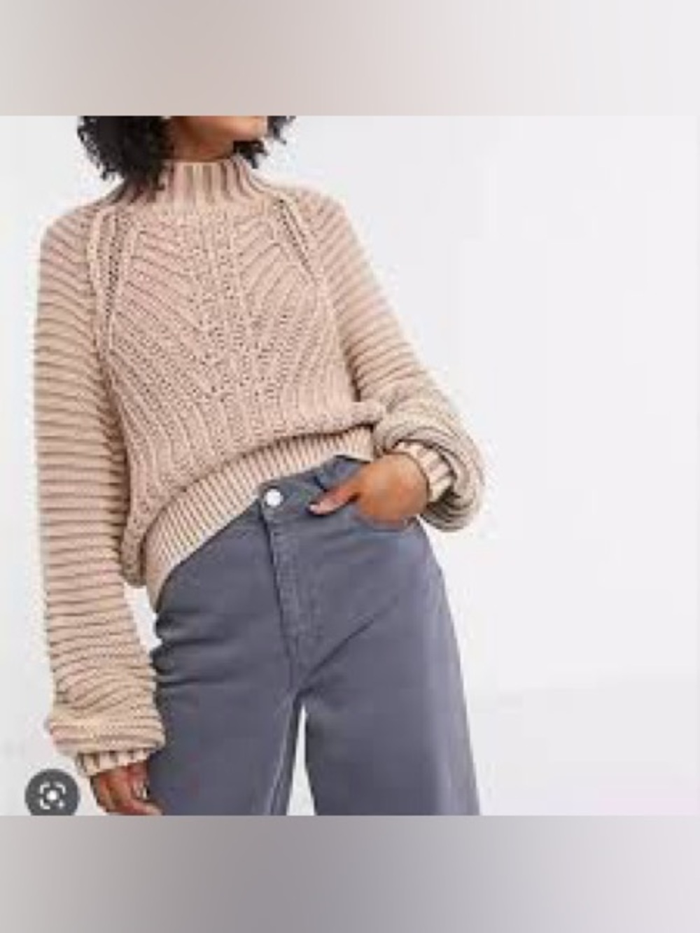 Free People Beige Cable-Knit Mock Neck Sweater